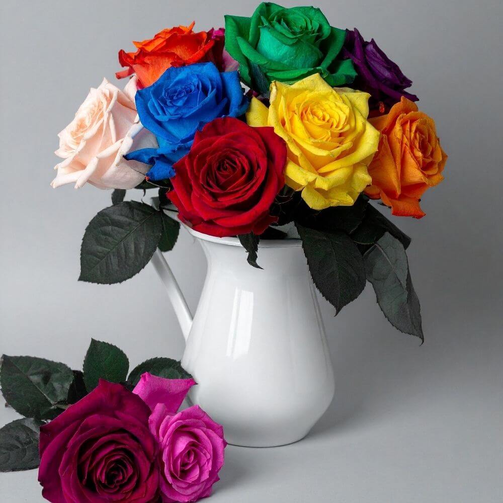 Dyed rainbow rose petals in bouquet