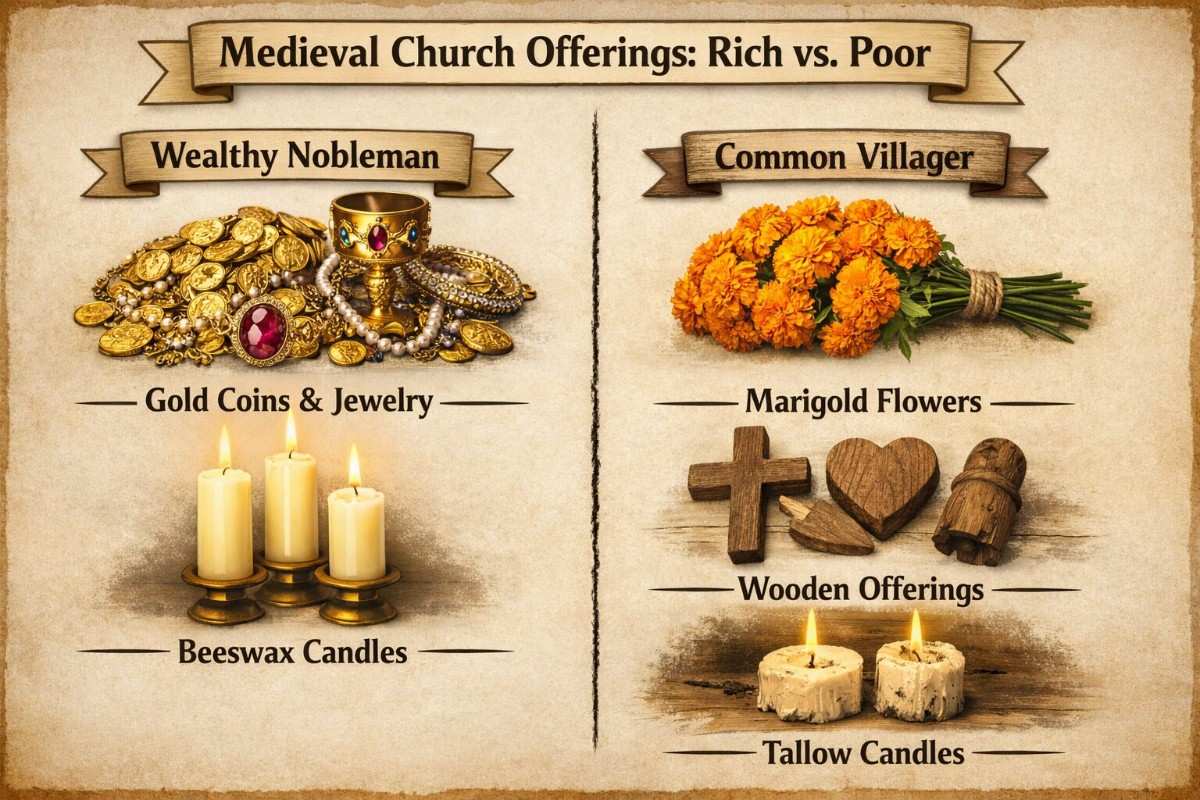 Medieval church offerings: Wealth vs Simplicity