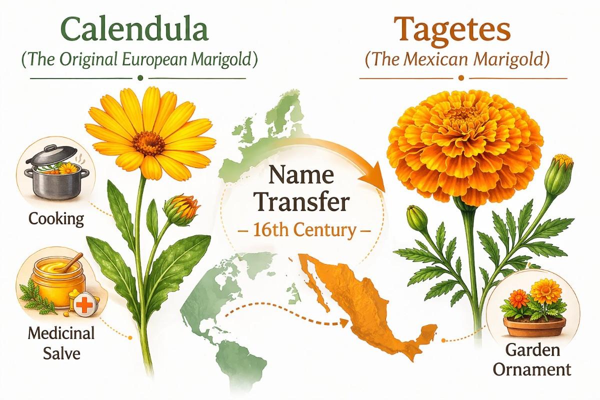 Comparison chart between European Calendula and Mexican Tagetes marigold species