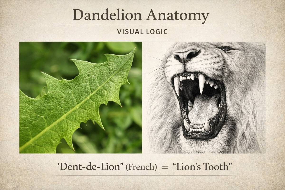 infographic of a jagged dandelion leaf and a lion's teeth, illustrating the French etymology 'dent-de-lion' meaning lion's tooth