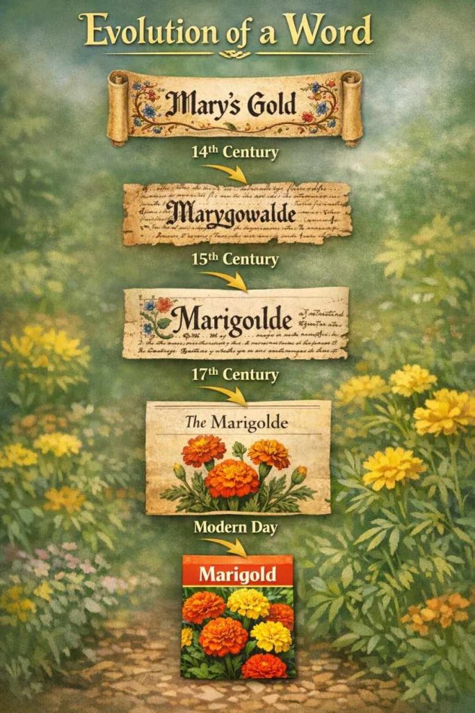 Four-step flowchart showing the name change from Mary’s Gold to Marigold