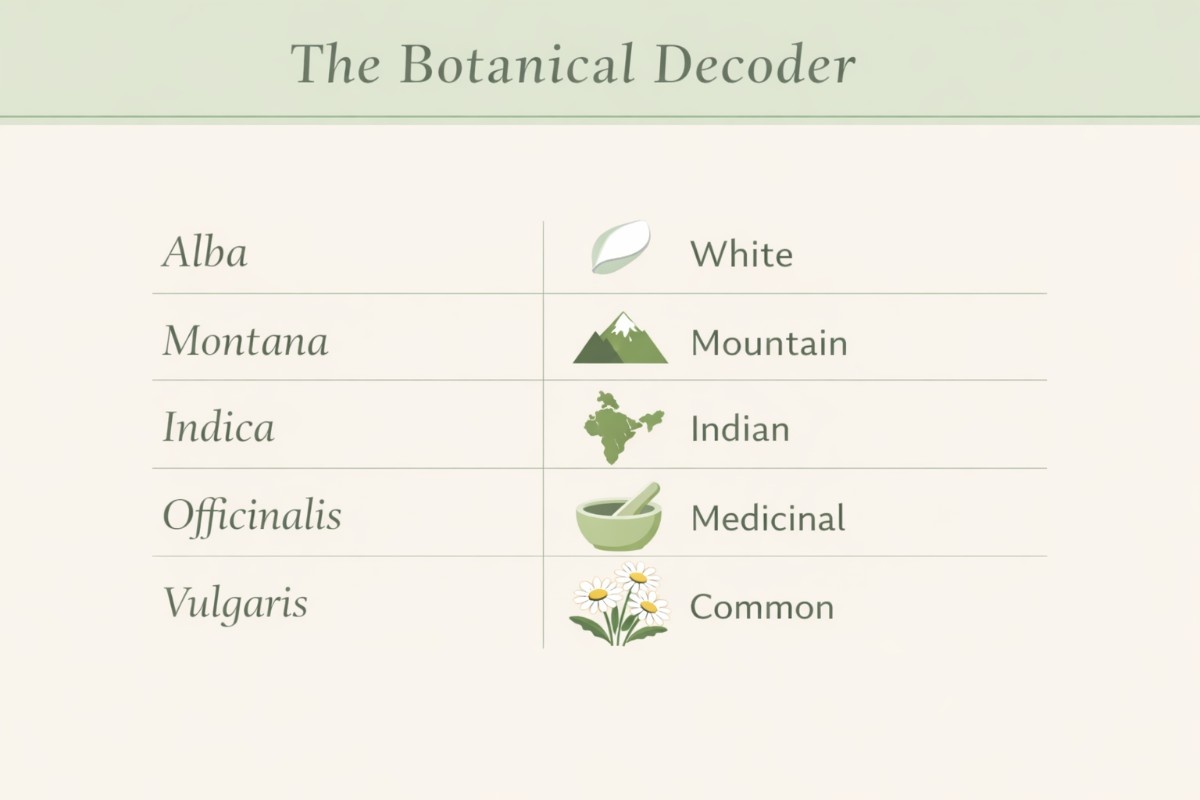 A reference chart explaining common Latin plant terms like Alba and Officinalis