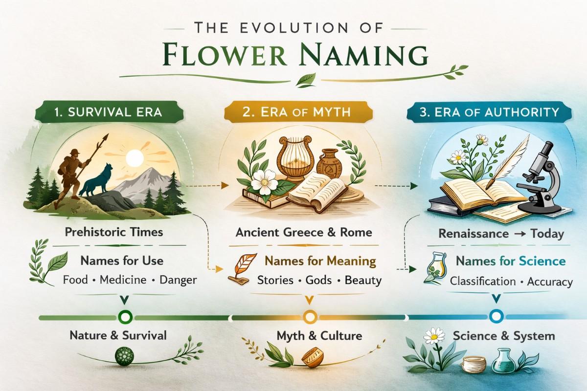 Timeline showing how flower naming shifted from survival tools to myths, then to scientific systems.