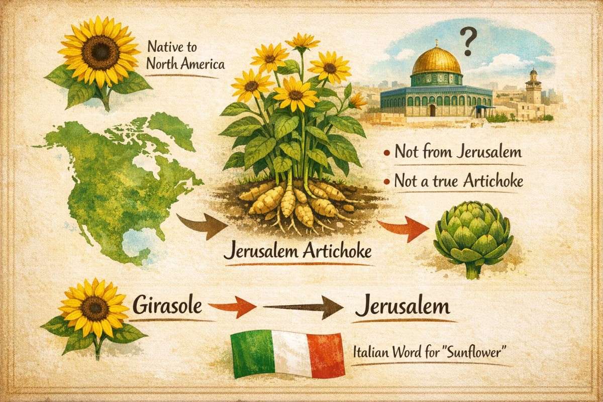 The Jerusalem Artichoke's name origin: a North American sunflower misnamed through a phonetic shift from the Italian word Girasole