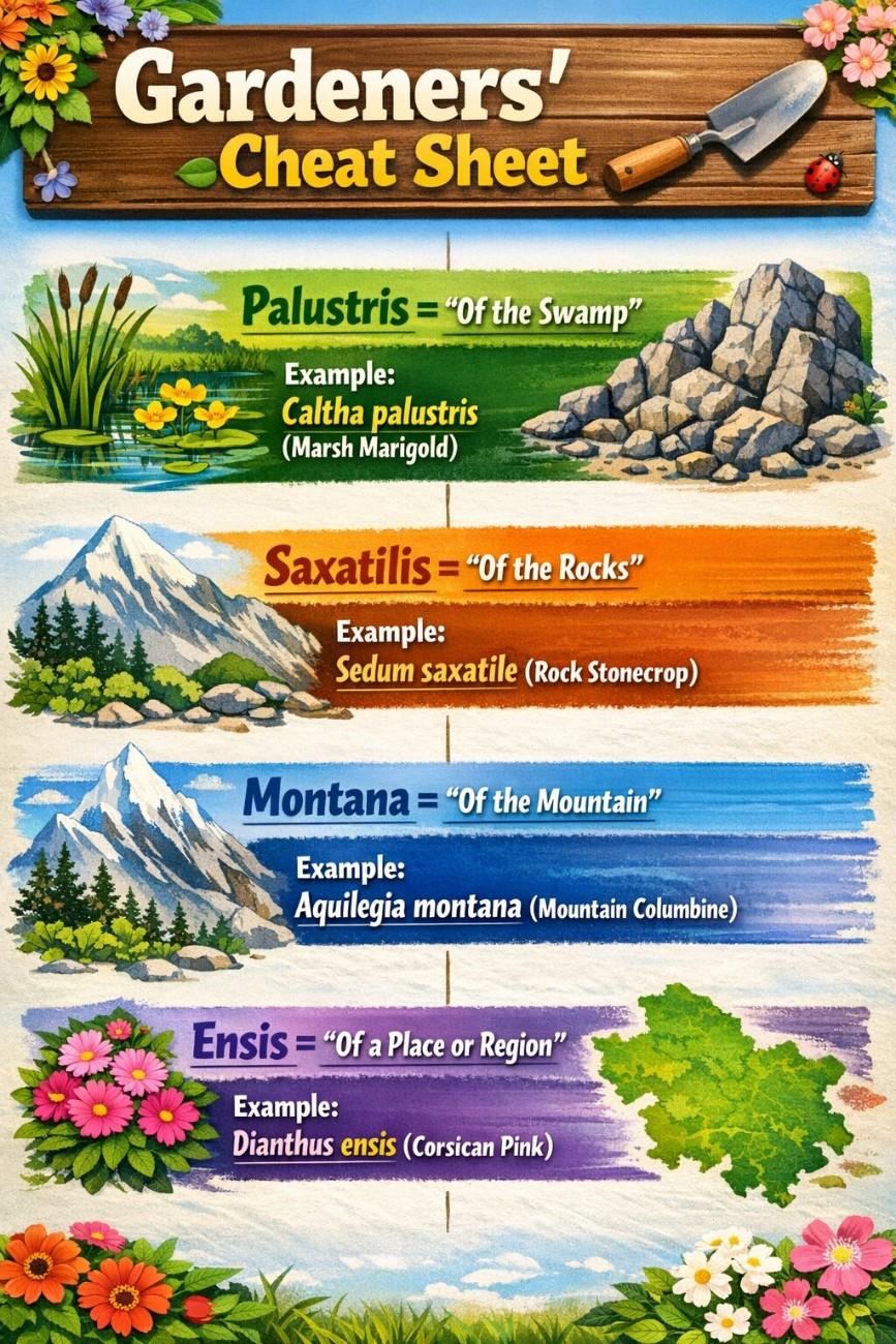 Latin suffixes like palustris and saxatilis for plant habitats