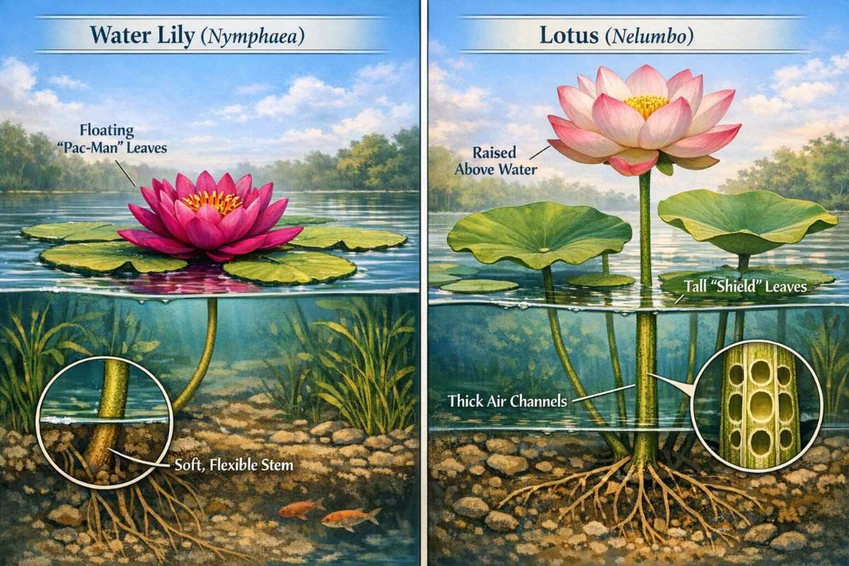 Water lily floating on the surface with flexible stems and a lotus standing high above the water with rigid, air-filled stems