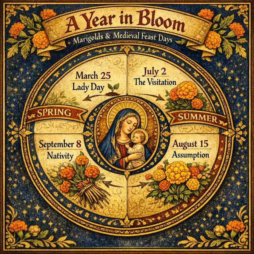 Circular timeline of marigolds blooming during four medieval Virgin Mary festivals