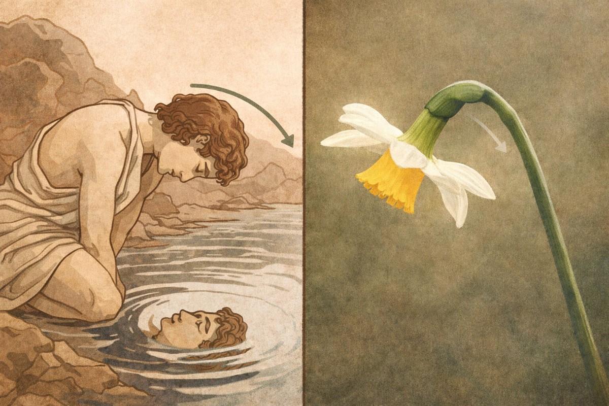 Illustration comparing the Greek myth of Narcissus to the physical shape of the narcissus flower