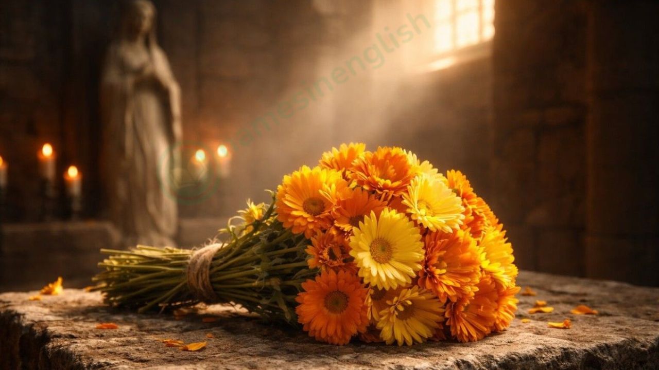 Vibrant orange marigold flowers on a medieval stone church altar