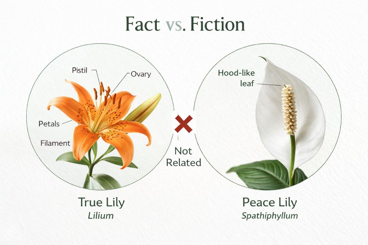 Infographic comparing a true Lilium lily with a Peace Lily to show botanical differences