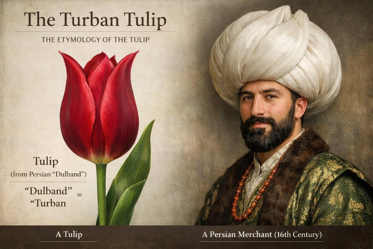 The etymology of the tulip flower name, comparing a red tulip to a 16th-century Persian merchant's turban