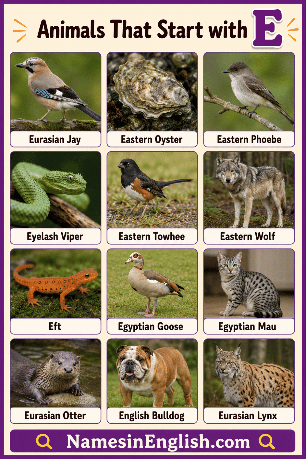 Animals Begin with E with Names and Images