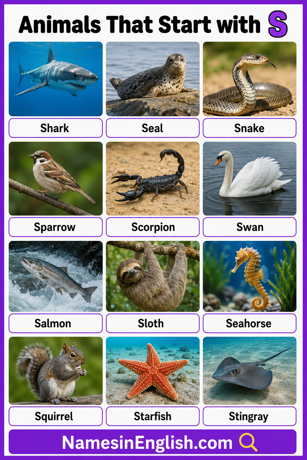 Animals that start with Letter S with Names and Pictures