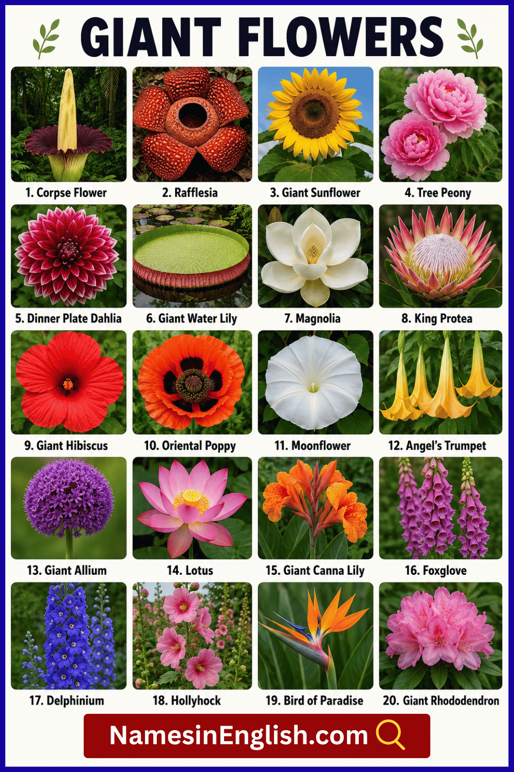Giant Flowers with Names in English and Pictures